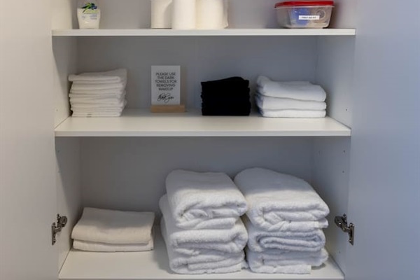 Storage cabinet in for convenient access to the towels and supplies. 