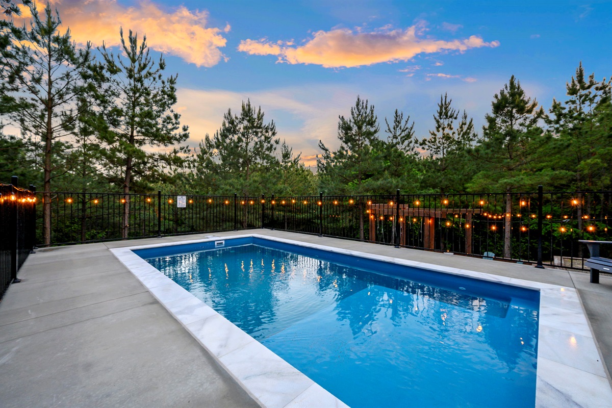 Private pool at this luxury Broken Bow cabin—perfect for summer stays, family vacations, and group getaways in Hochatown.
