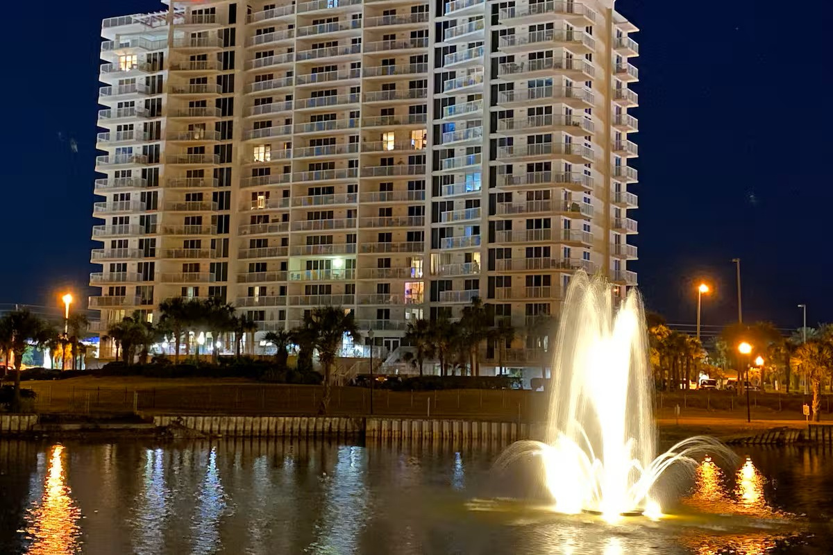 Take in the beauty of the lighted fountains on the property after dark.