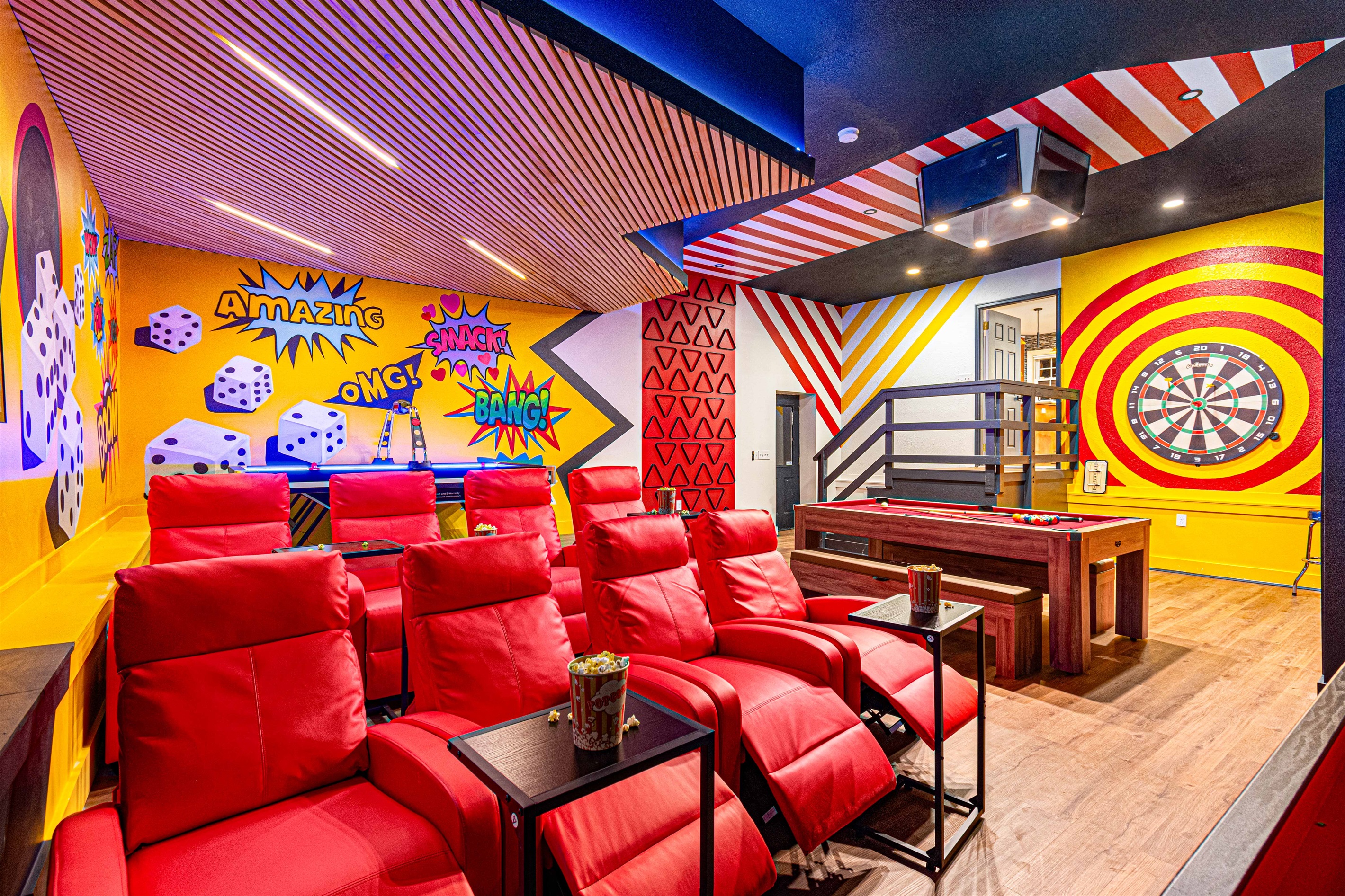 Theater nights just got a major upgrade! 🎥🍷 Enjoy a family movie night with our stadium style theater seating with 8 comfy reclining chairs and a 98" HDTV.