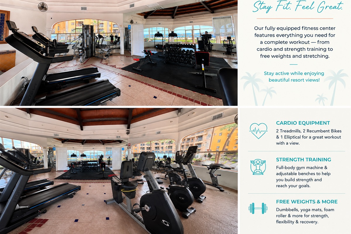 Stay active during your beach vacation in the resort’s fully equipped fitness center featuring cardio equipment, strength training machines, free weights, yoga mats, and beautiful pool and ocean views.