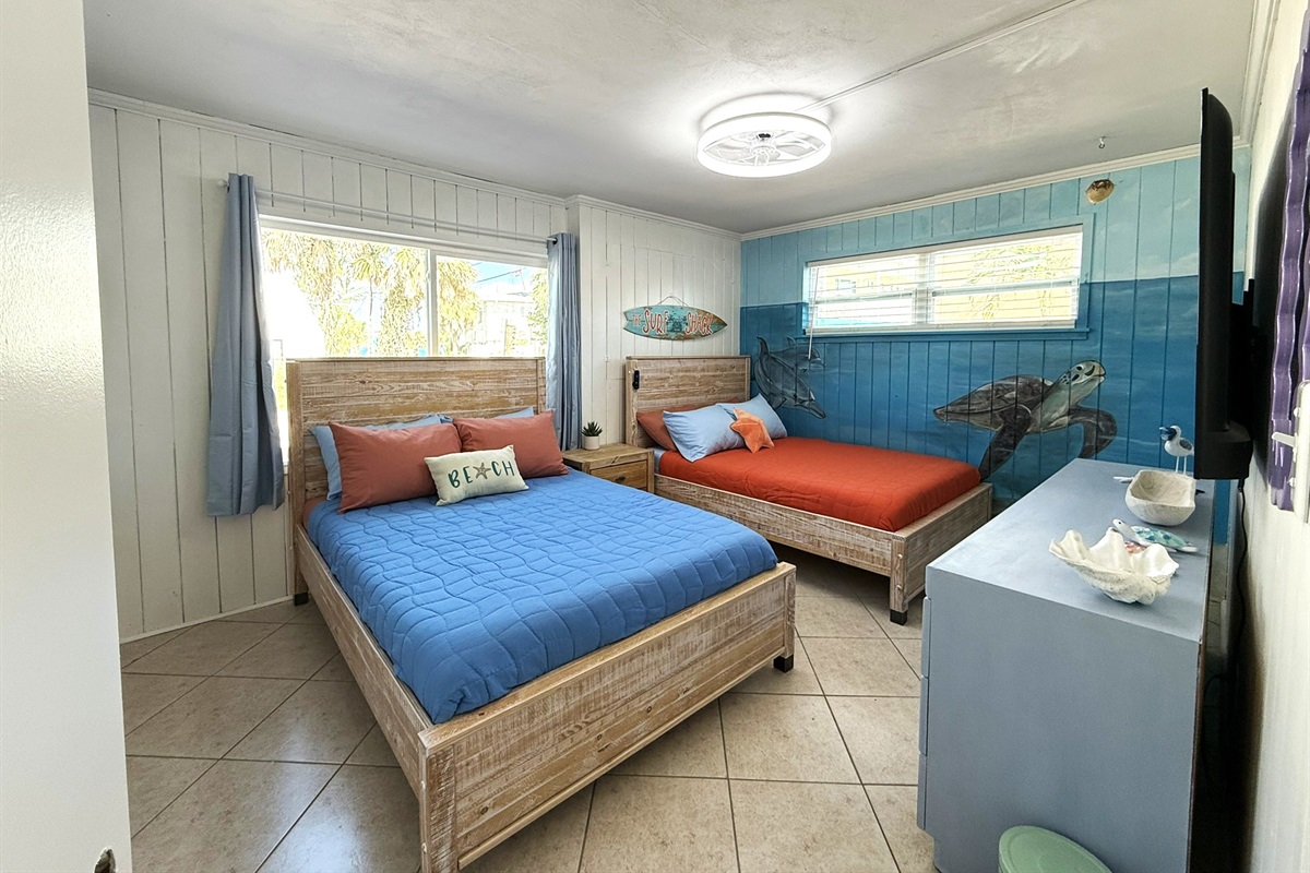 Bedroom #3 with Two Full Beds & 65" TV