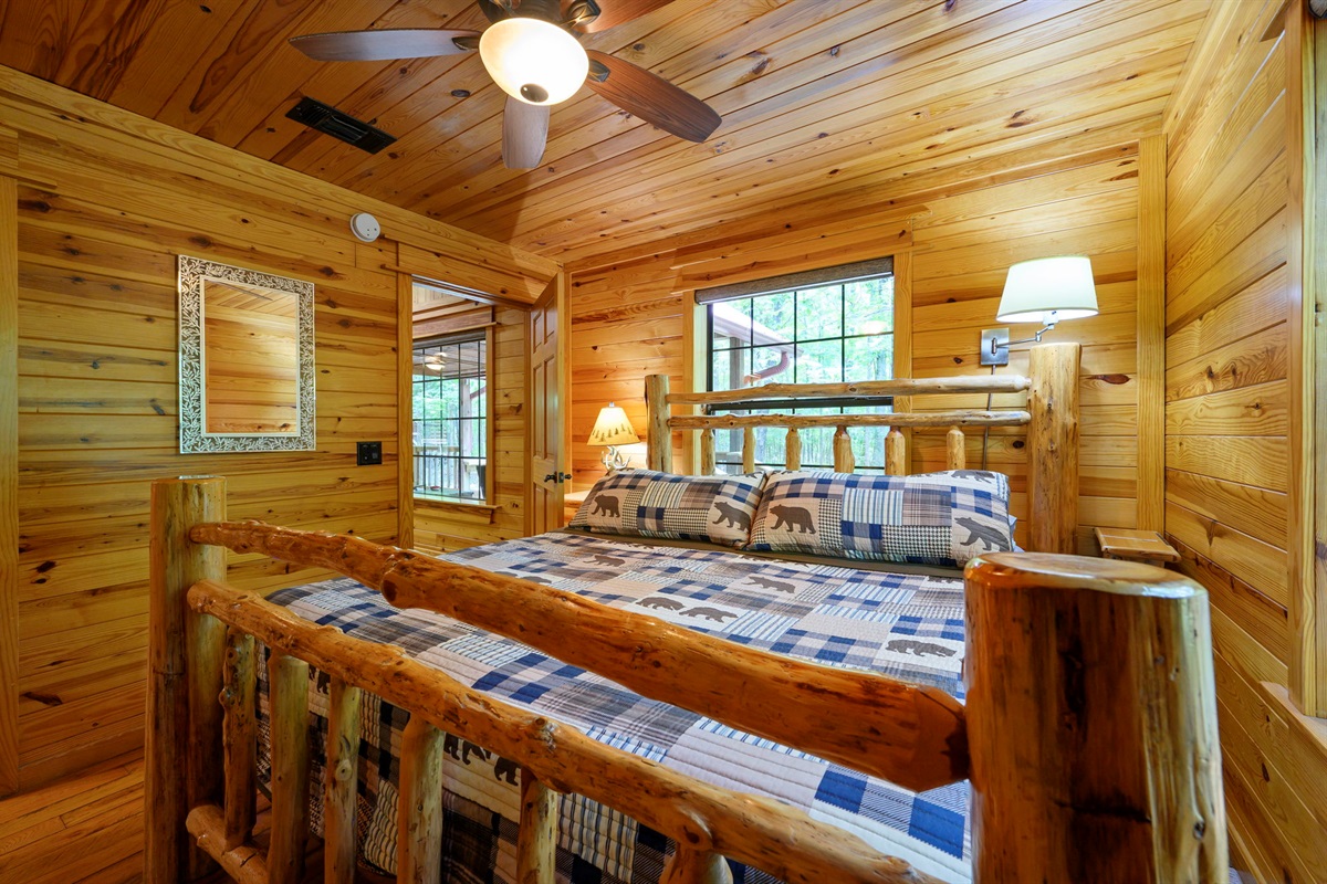 King size bed in Master bedroom rear of the cabin
