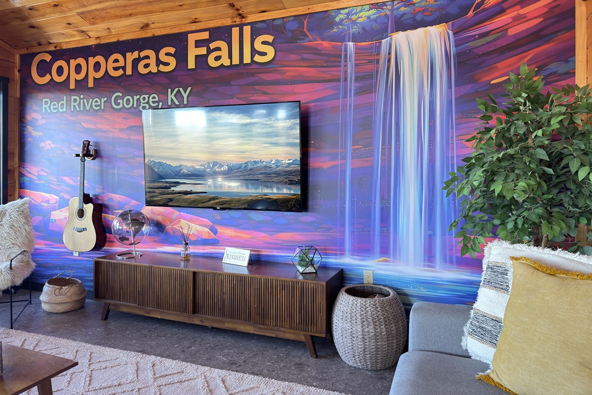 Upstairs living room with new mural