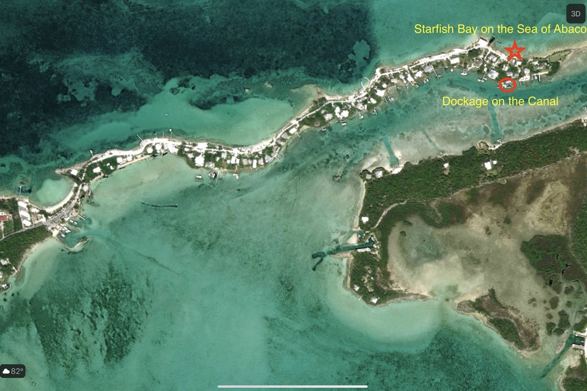 Eastern Shores has the Sea of Abaco to the North and Sugarloaf Channel to the South. Protected dockage in on the canal side of the property. A pathway leads from Starfish Bay house to the docks.