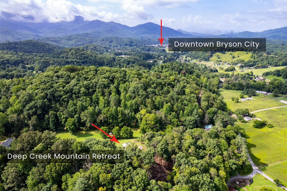 Aerial shot showing the close proximity to downtown Bryson City NC