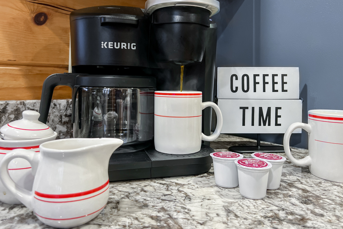 Start your morning at the dedicated coffee station before heading outside to explore the mountains.