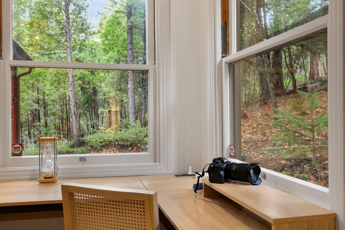 Work/office area facing the forest in the master bedroom. Cabin has high speed internet.