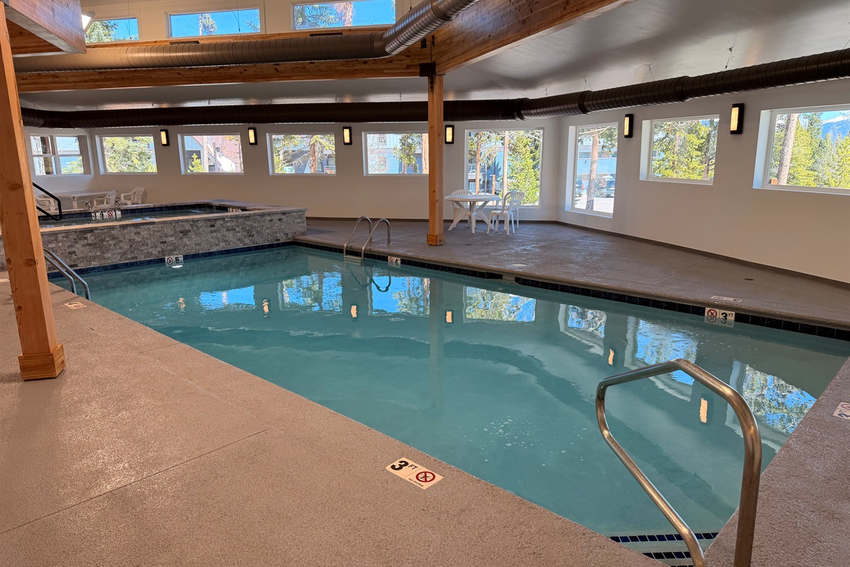 Brand new pool and hot tub in shared space inside our building on the ground floor.
