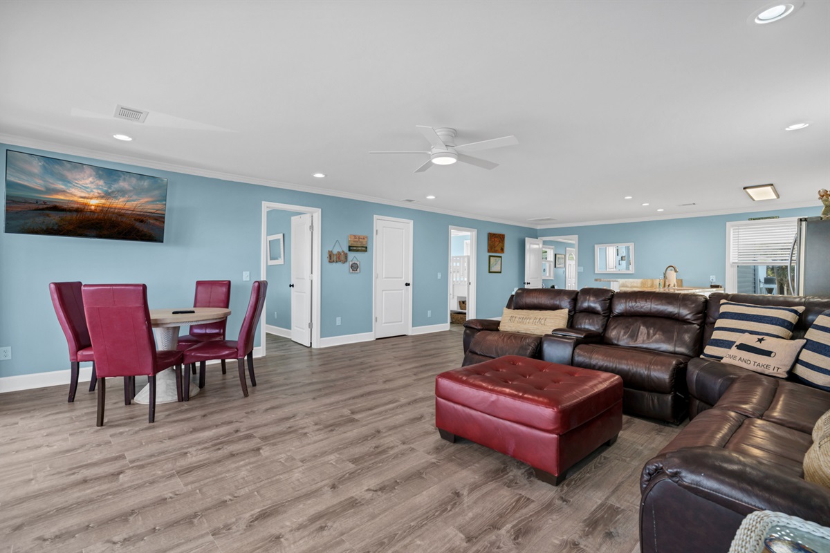 Front Family Room open to Kitchen, Dining with Large Screen Tv