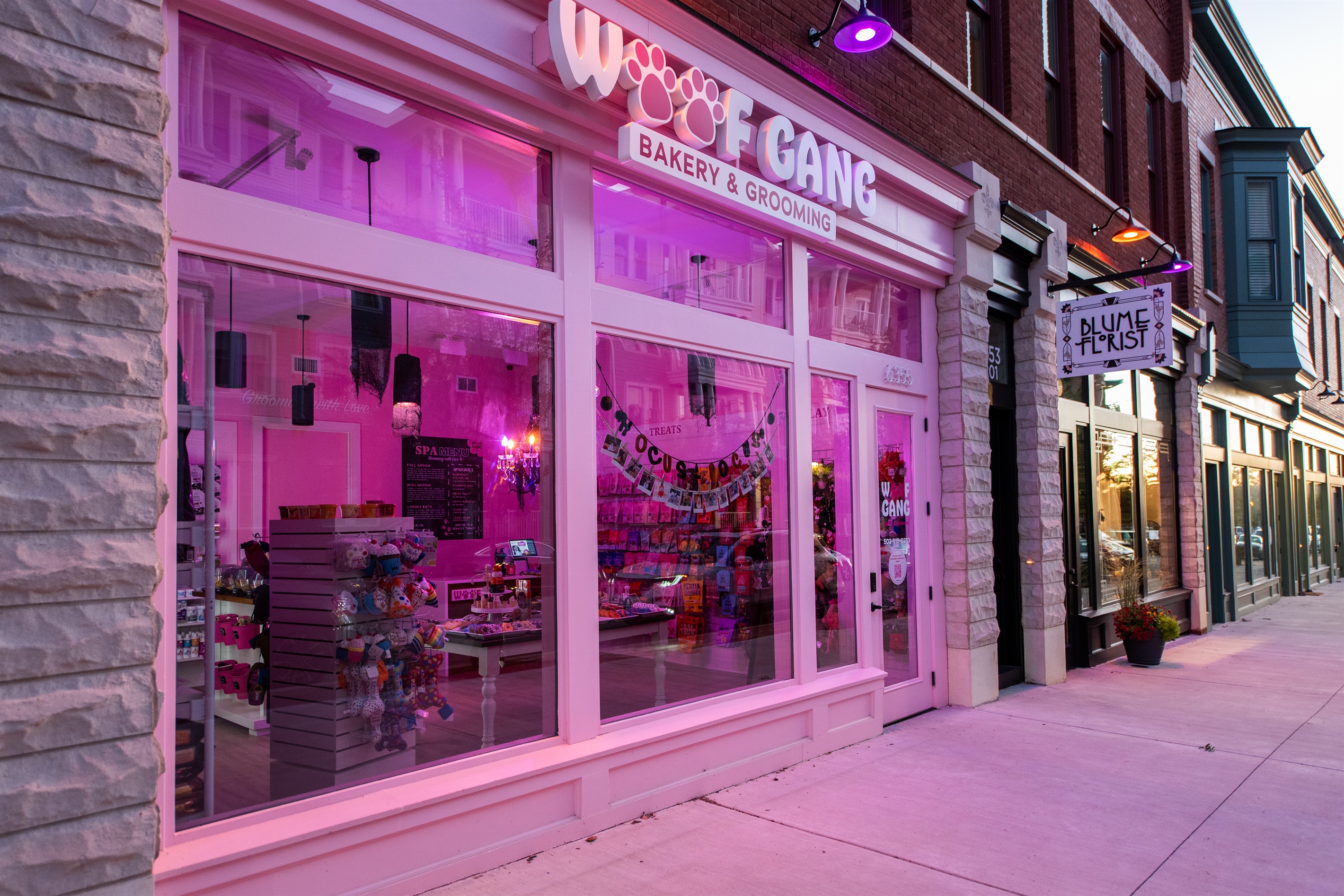 Woof Gang Bakery & Grooming shop in Louisville, KY, with a bright pink-lit storefront and stylish décor.