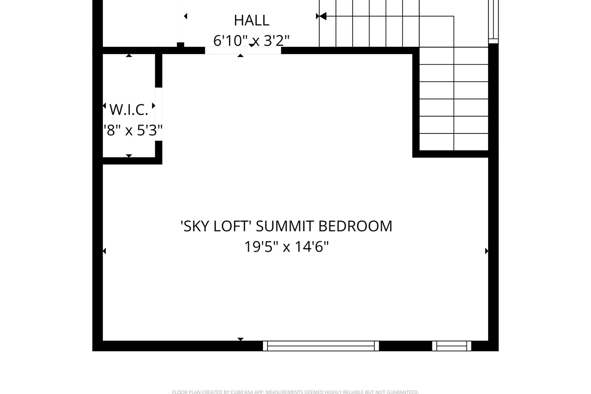 The Sky Loft floor plan reveals a private third-floor sanctuary. Accessed via the Sky Passage, this level features a massive Queen suite and walk-in closet, offering complete seclusion and bird's-eye views from the highest point of The Crag.