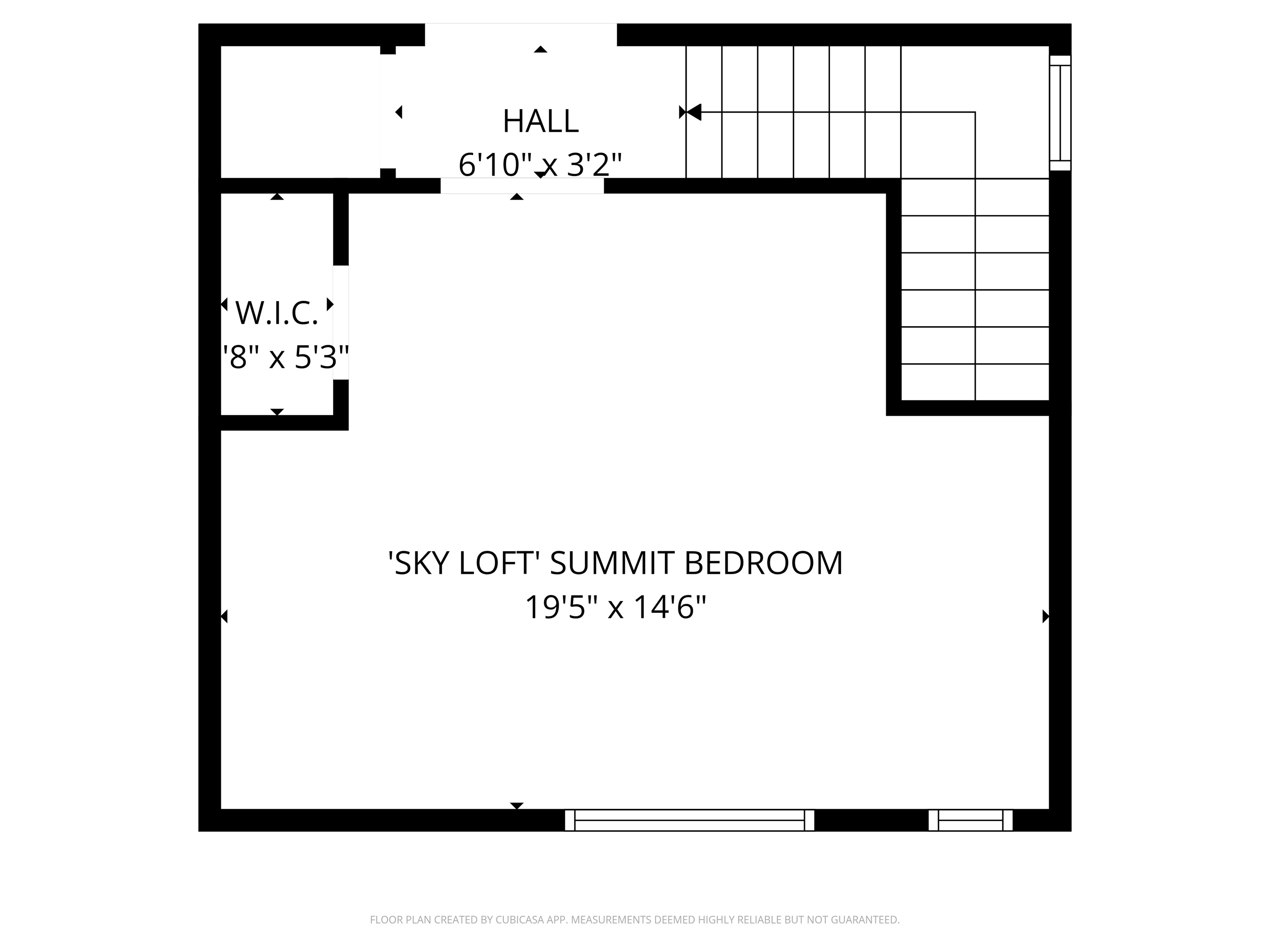 The Sky Loft floor plan reveals a private third-floor sanctuary. Accessed via the Sky Passage, this level features a massive Queen suite and walk-in closet, offering complete seclusion and bird's-eye views from the highest point of The Crag.
