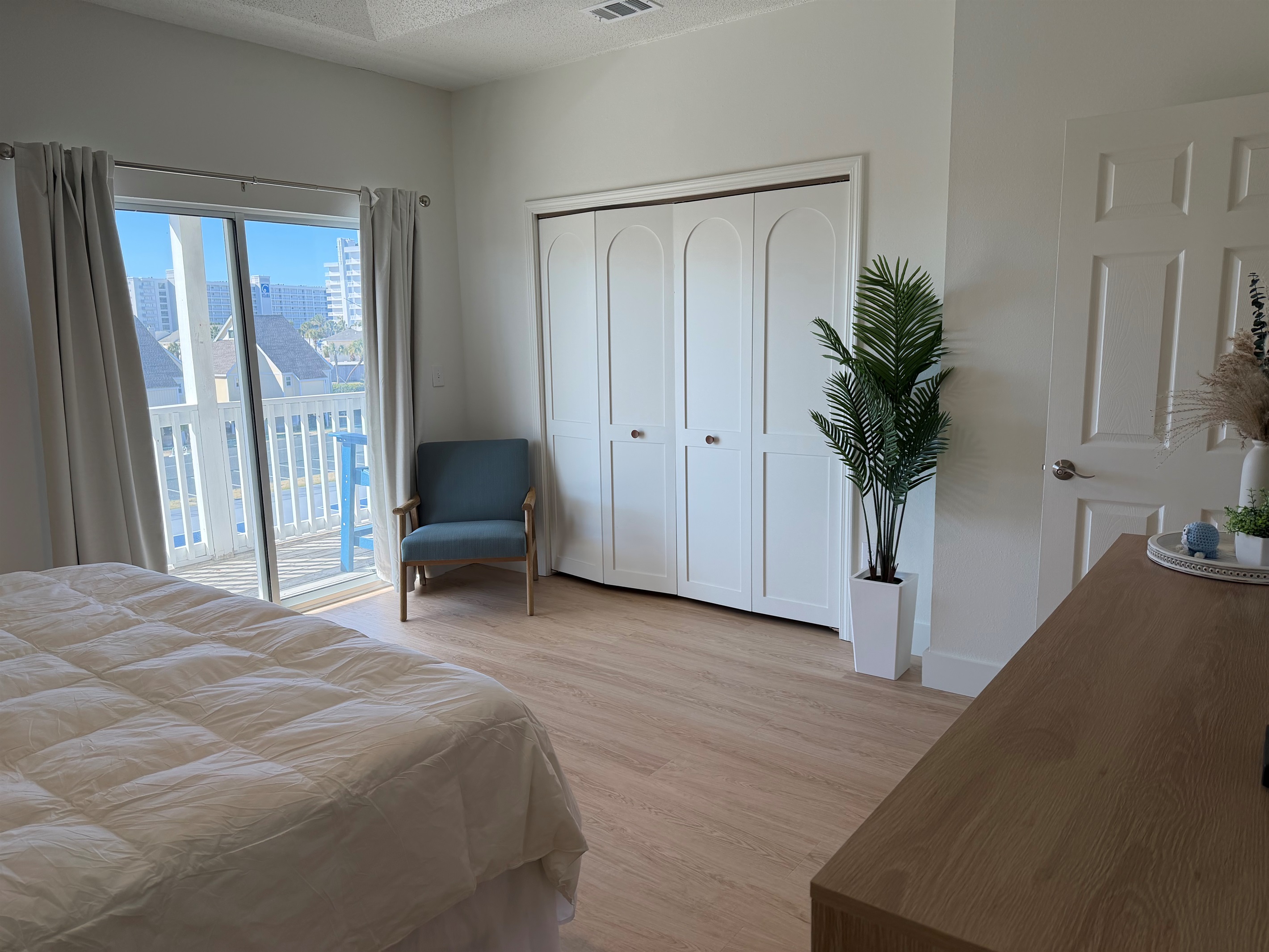 Our master bedroom with a view out of the sliding glass doors. 