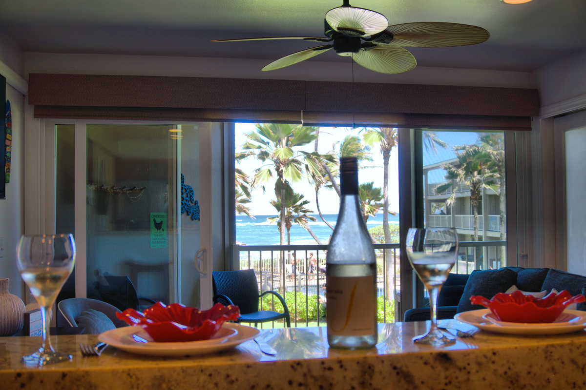 Enjoy the view of the ocean and pool while you cook in the kitchen
