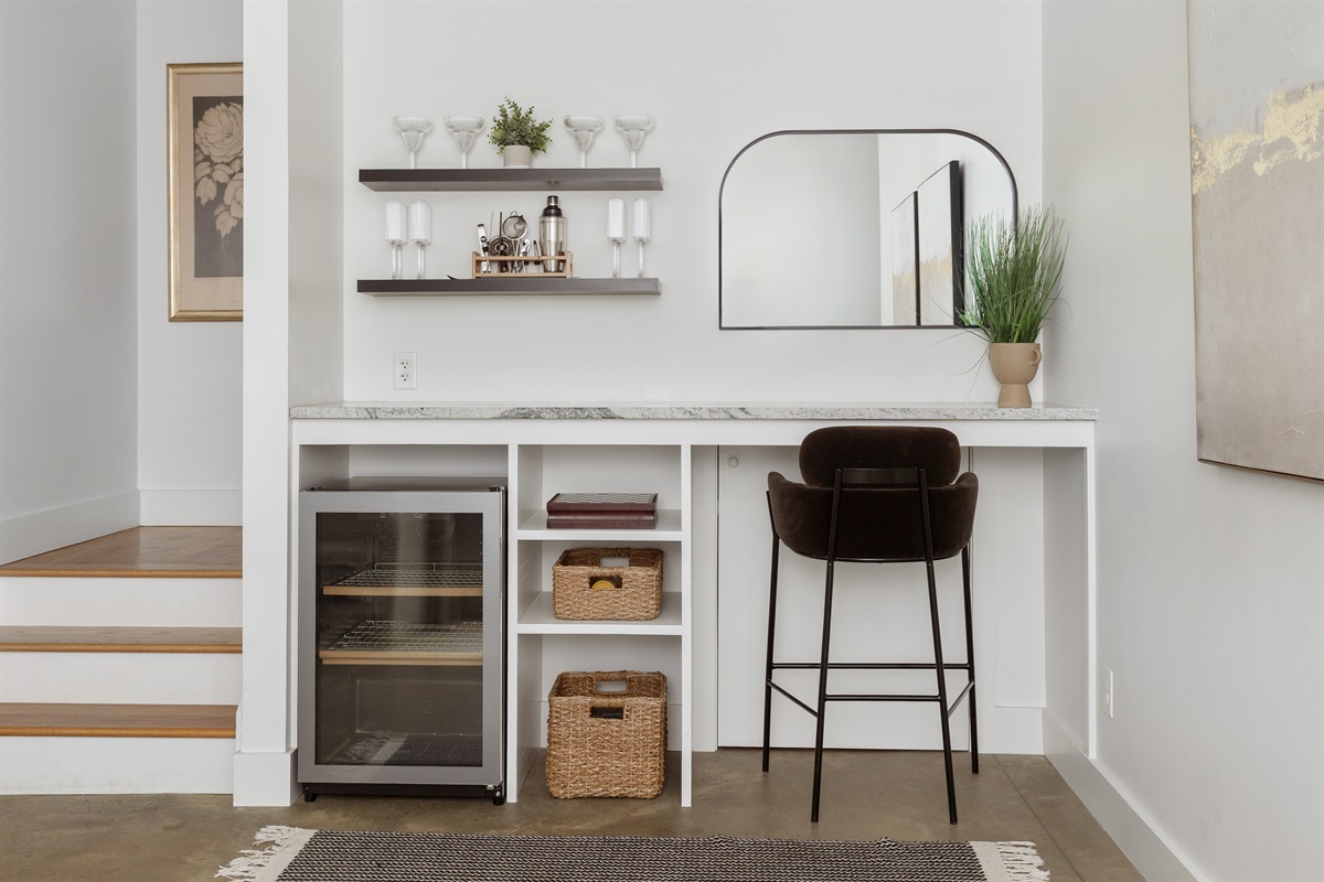 {Bar Nook- Gallery House} Fully stocked with glassware, a wine fridge, and bar essentials—your private Asheville happy-hour headquarters.
