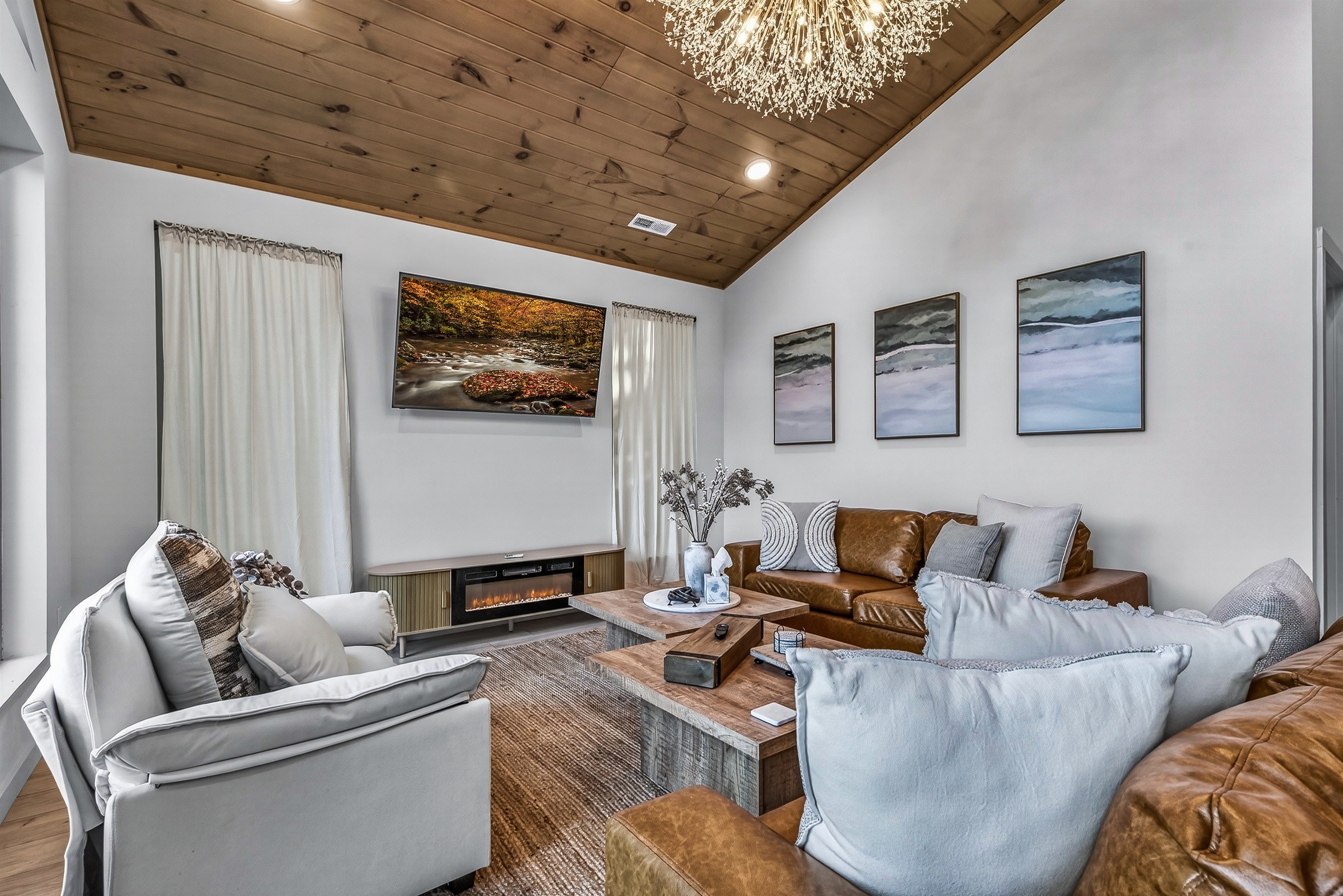 Electric fireplace and 65" smart tv for streaming your favorite service
