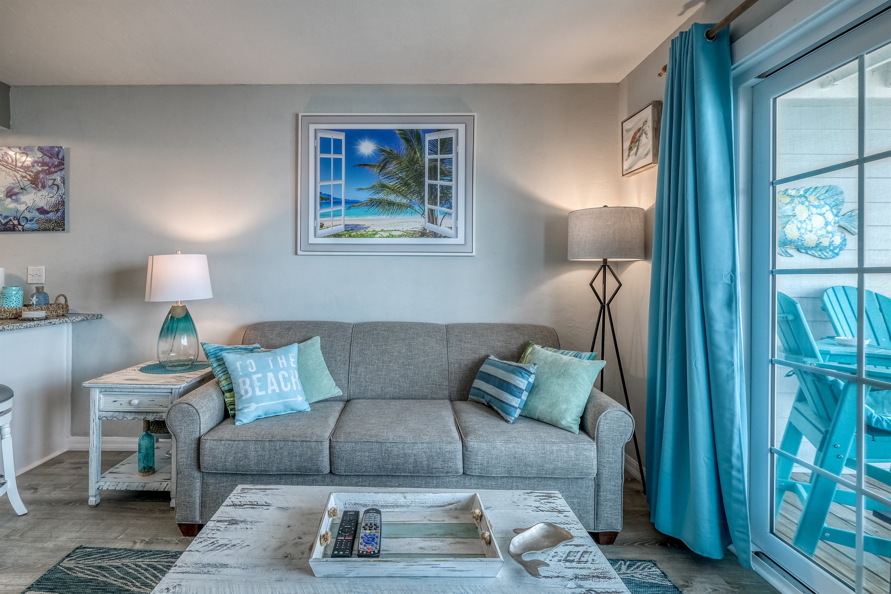 Living space has a queen sofa bed