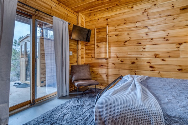 Basement bedroom has a queen bed and steps out to the lower patio with a bench swing and infrared sauna!