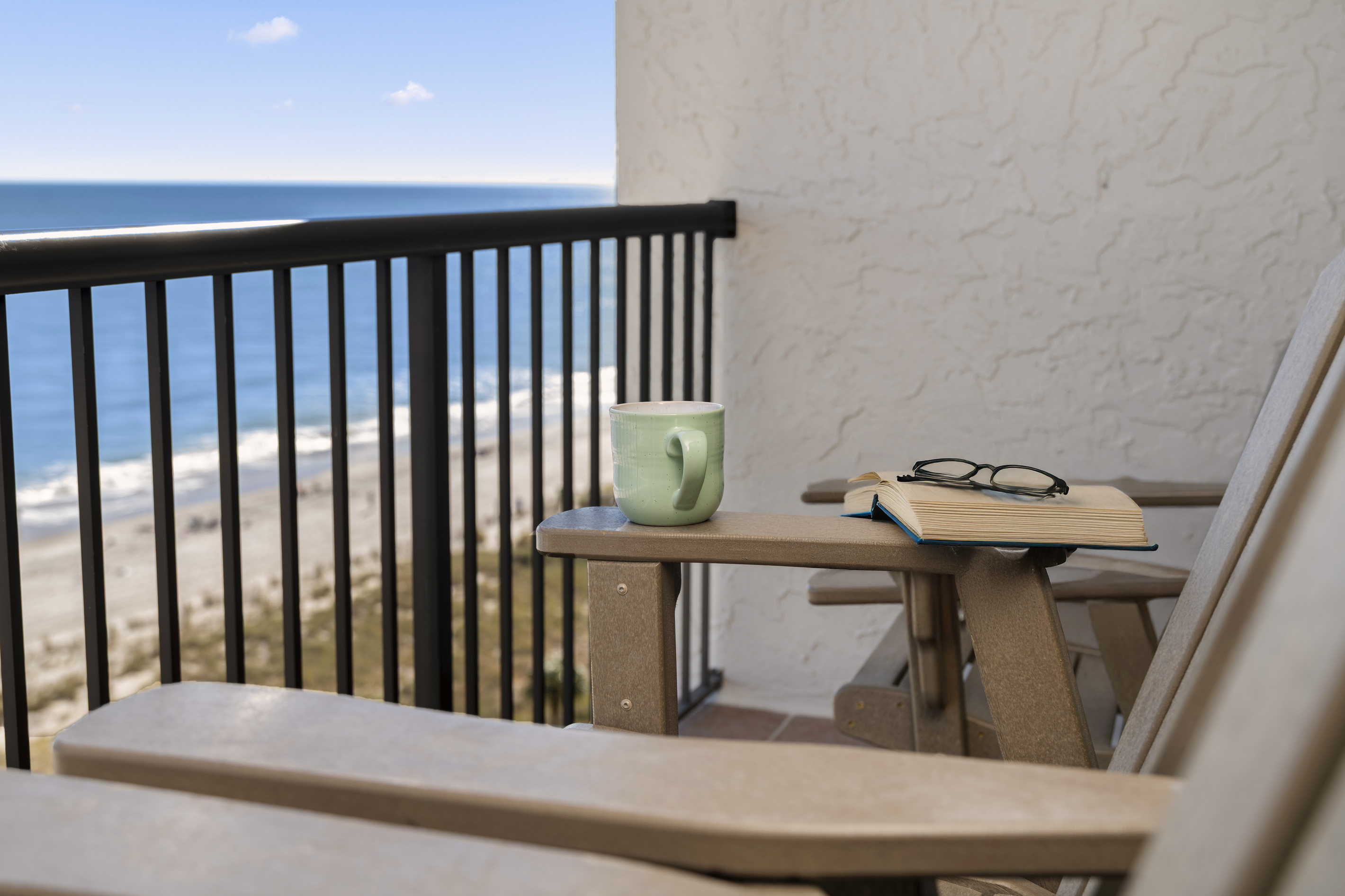 Relax with a book and your favorite beverage in our comfortable and supportive outdoor chairs. 2 stationary and 1 glider for your comfort. 