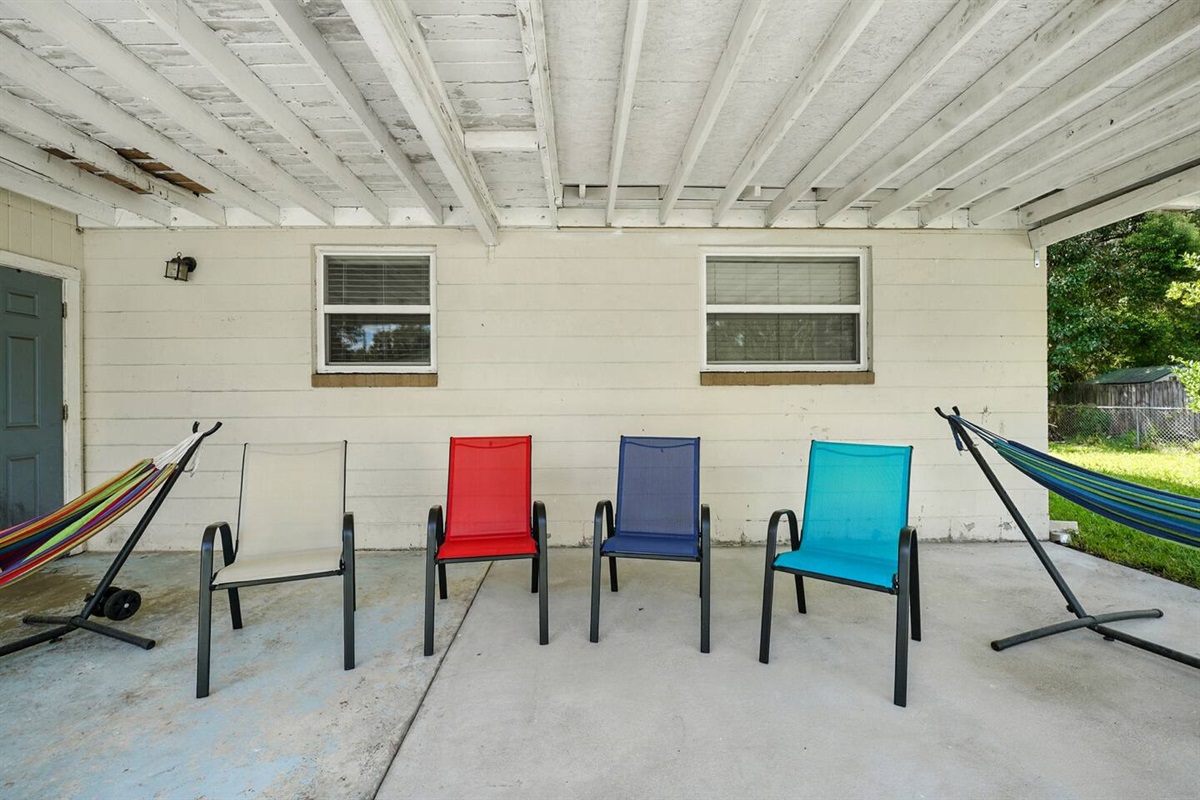 Backyard Patio and hammocks nice for relaxing outdoors
