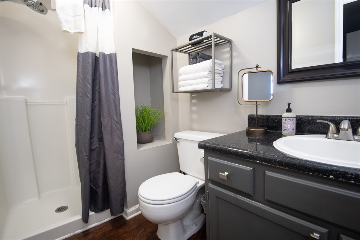 Both bathrooms rest inside the bedrooms, which makes privacy easy! There are plenty of towels for you, freshly washed, along with hair dryers, hair and body soaps, and more!