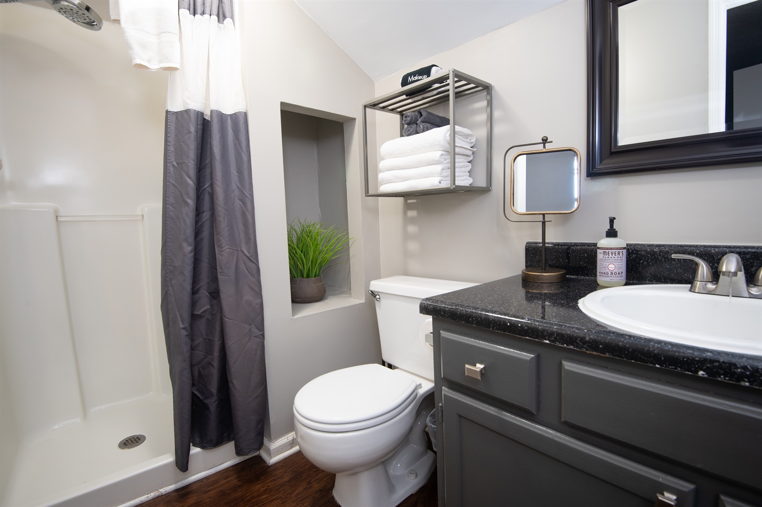 Both bathrooms rest inside the bedrooms, which makes privacy easy! There are plenty of towels for you, freshly washed, along with hair dryers, hair and body soaps, and more!