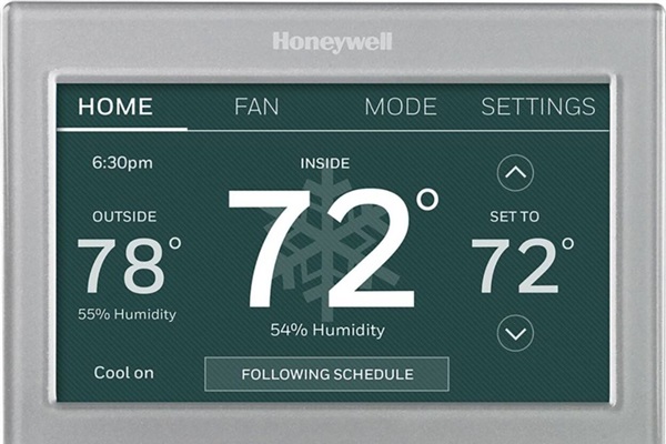 The easy to operate touch screen thermostat controls the central heat and air conditioning.