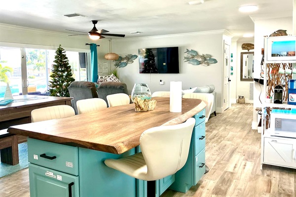 New live edge slab island, a rare cashew wood piece from Costa Rica, seats up to 6