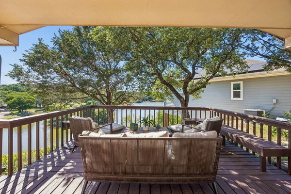 Furnished deck seating with peaceful Lake Granbury views.