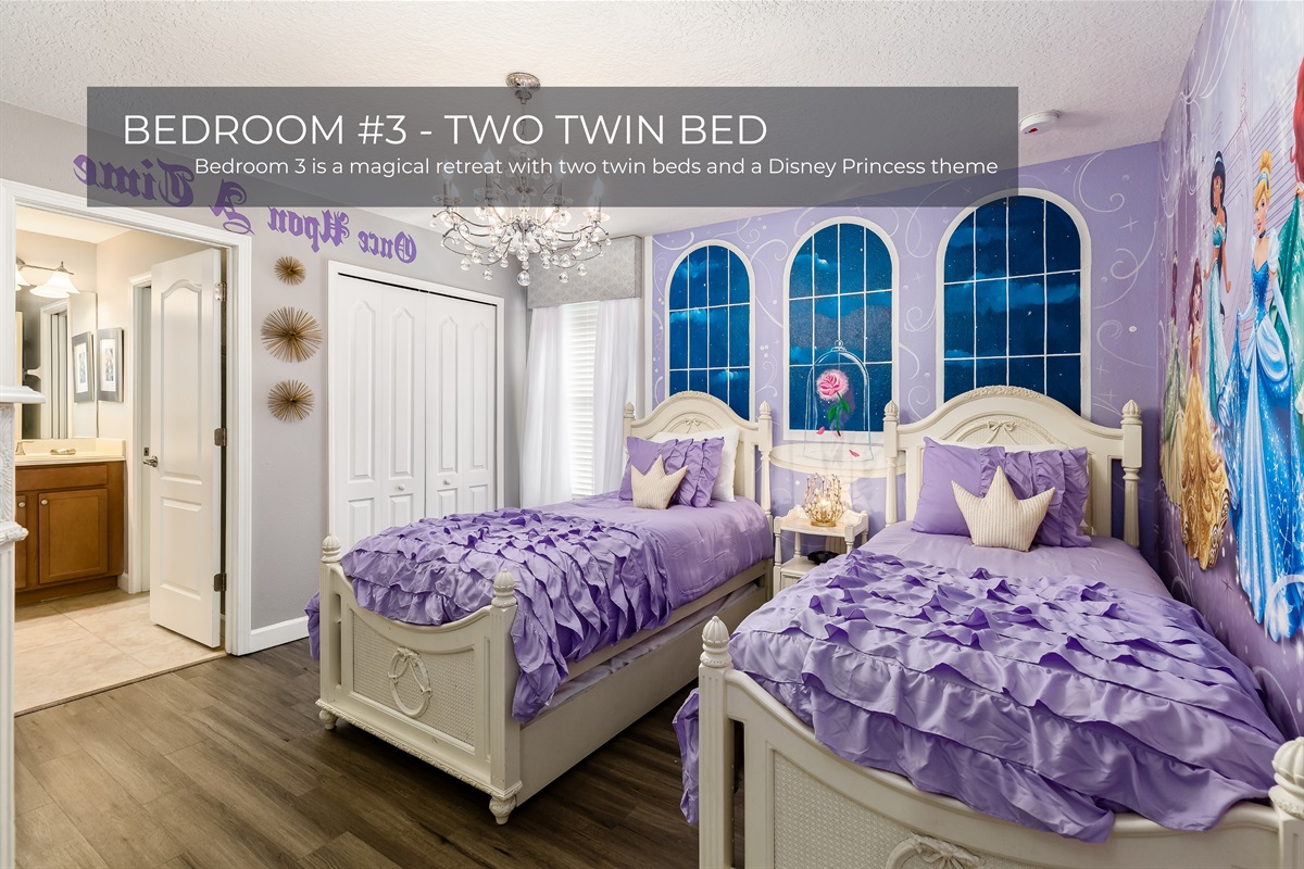 Bedroom 3 is a magical Disney Princess-themed room with two cozy twin beds
