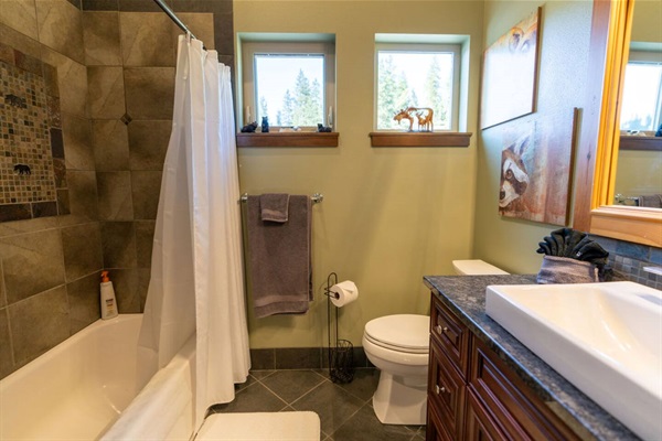Guest bathroom. Single vanity. Custom tile work.