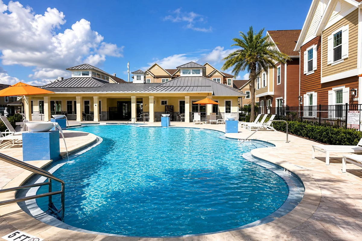 Another angle of the sparkling resort pool.