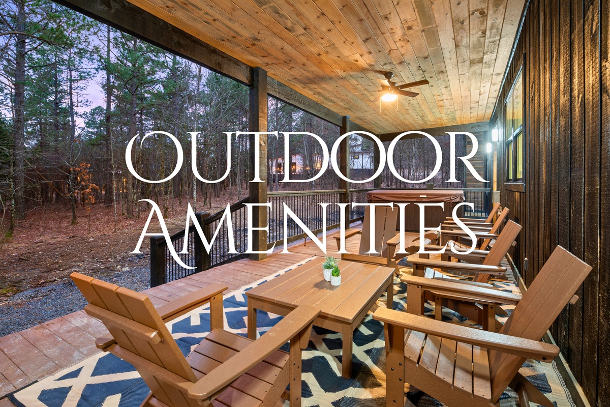 The outdoor dining area is perfect for gathering with family and friends, offering a peaceful setting in nature.