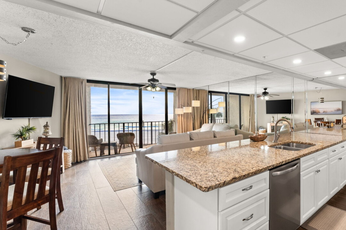 Comfy living room with private balcony, smart TV