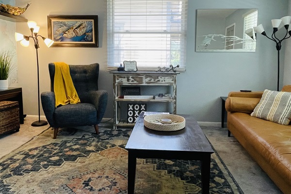 The living room also has a leather sofa so comfortable you may just fall asleep.