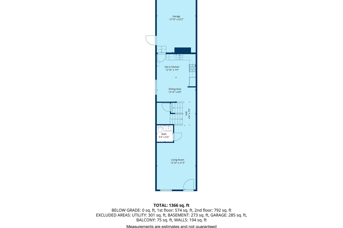 Main level layout showing living room, kitchen, dining area, half bath, and entry.