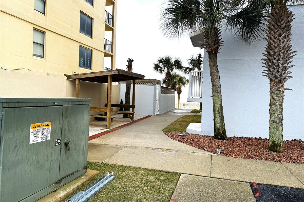 east side including outdoor bathroom, grills and smoking pavilion