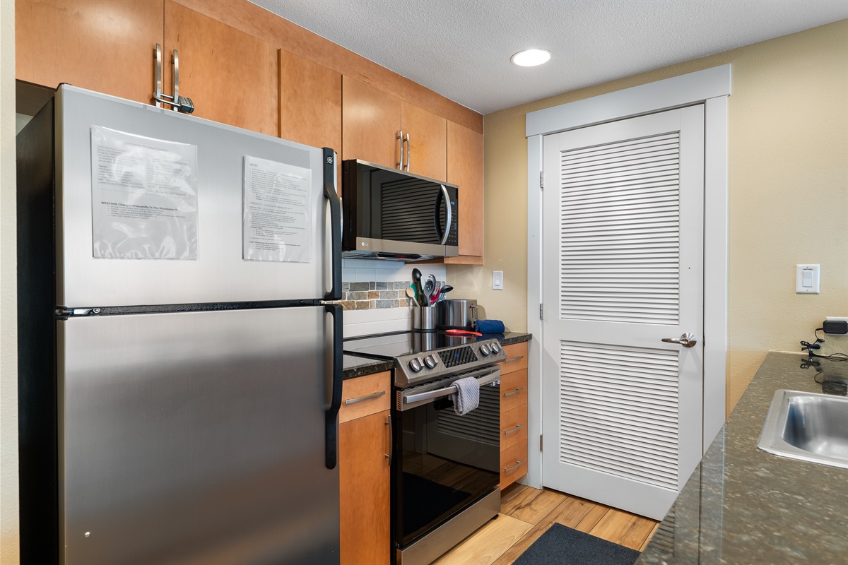 Refrigerator  and cooking area. New microwave and induction stove in 2023