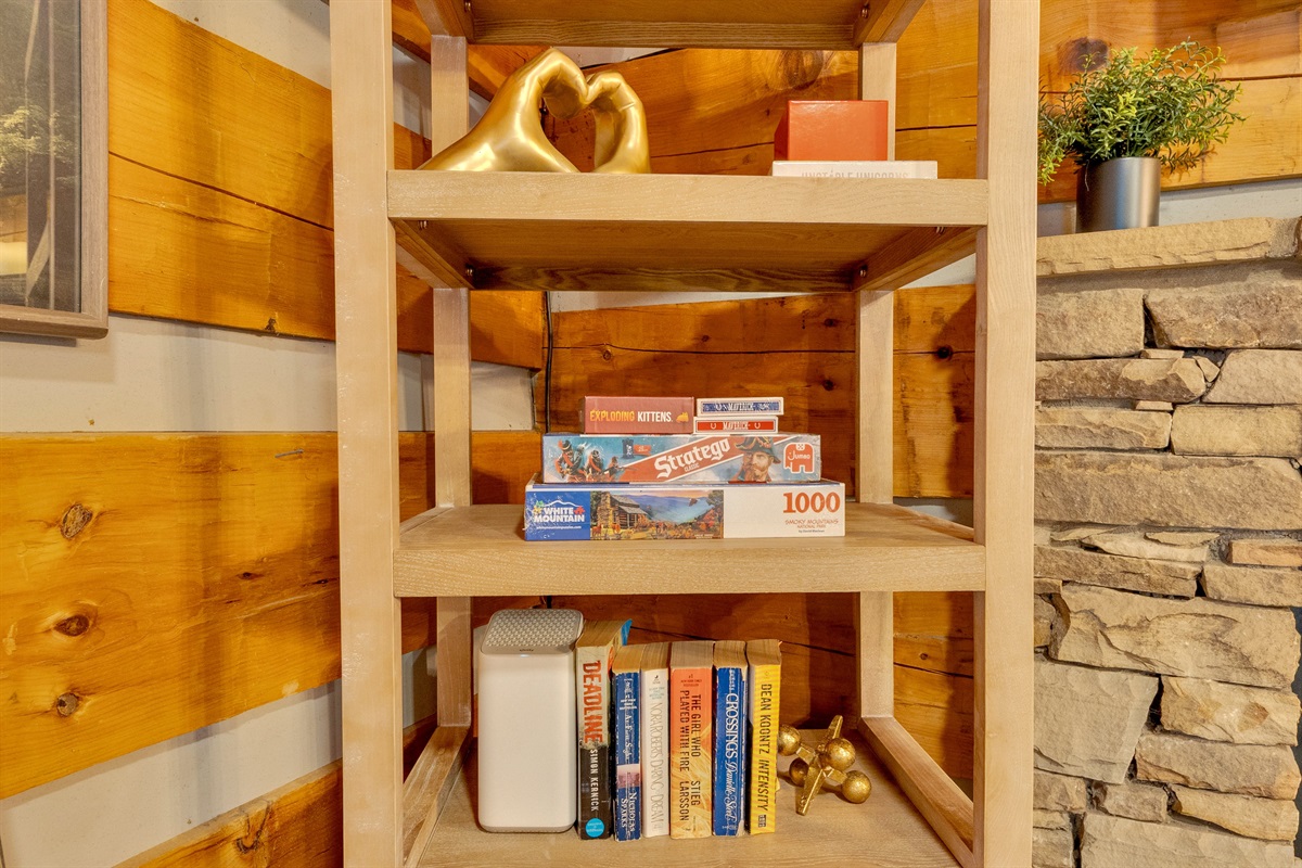 Board games, books, and puzzles — perfect for cozy nights in by the fire