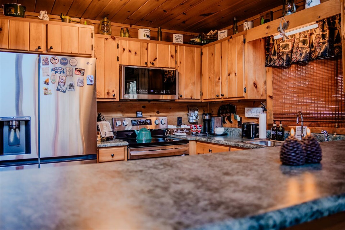 Kitchen is well stock with coffee and teas as well as all you need for cooking and enjoying meals