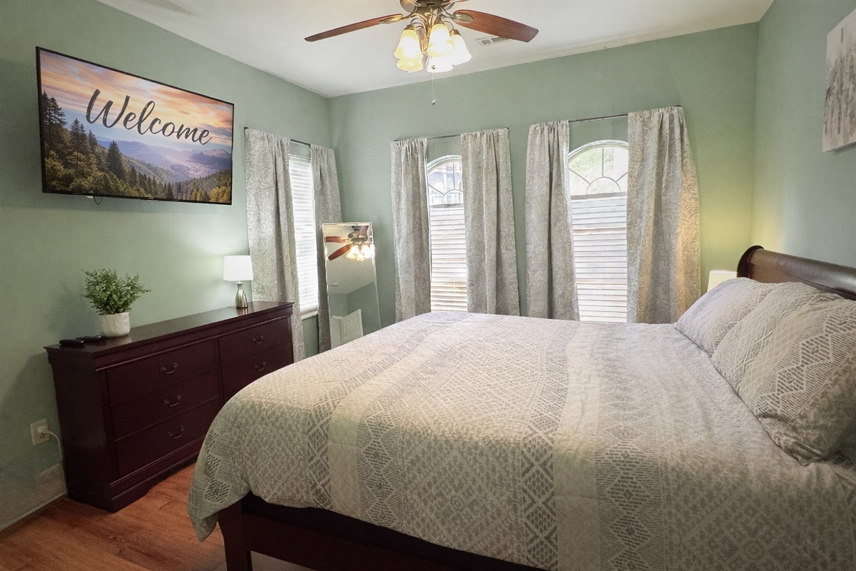 King bedroom on main floor. Windows for light, and blackout curtains for privacy.