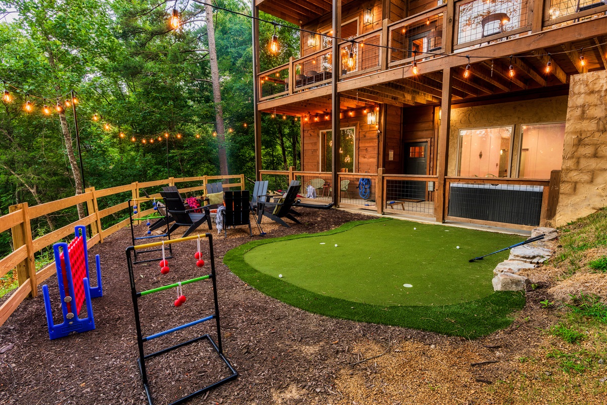 Fire Pit  and mini golf in backyard