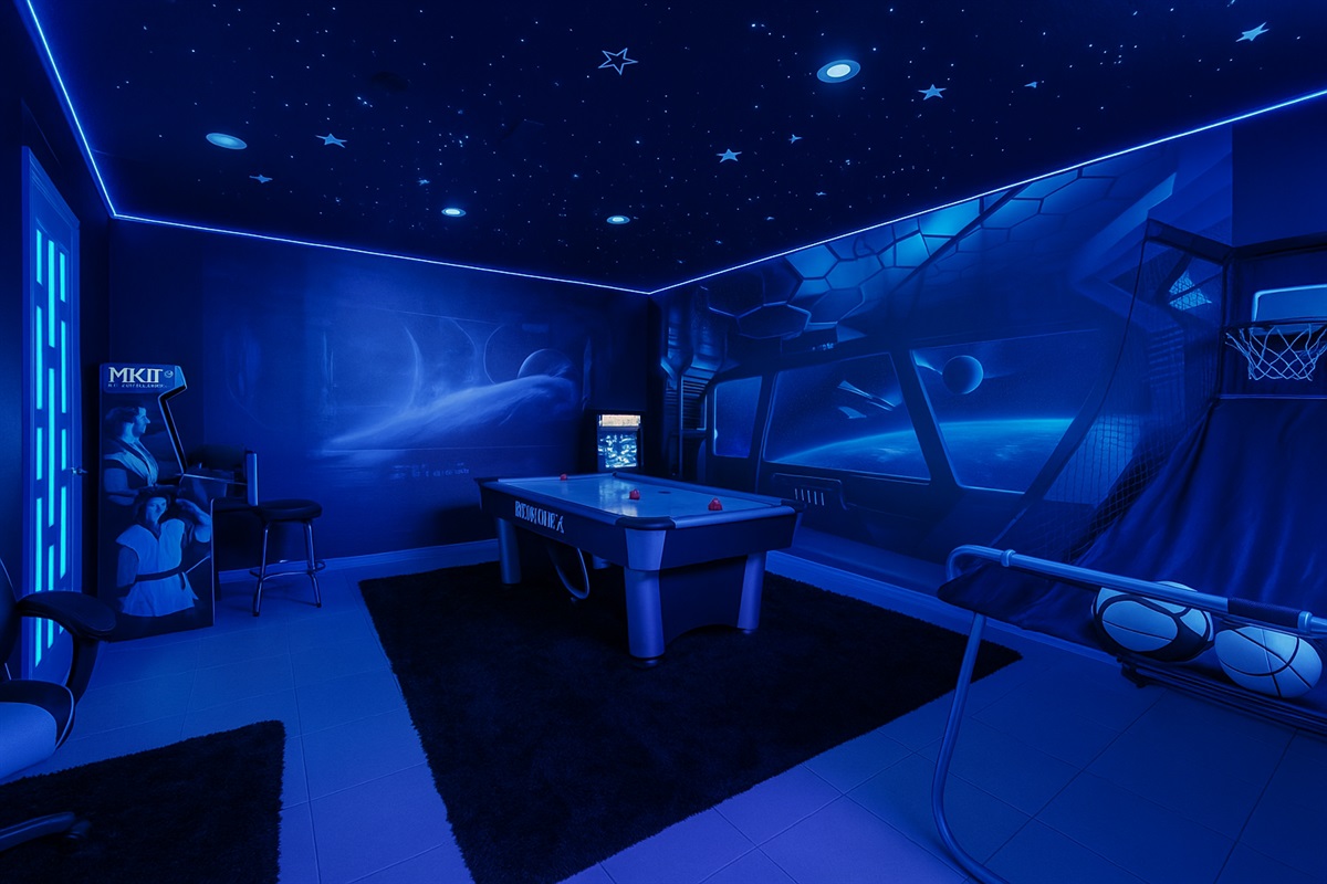 Step into The Jedi Lounge: a fully themed Star Wars arcade glowing under a galaxy of stars.