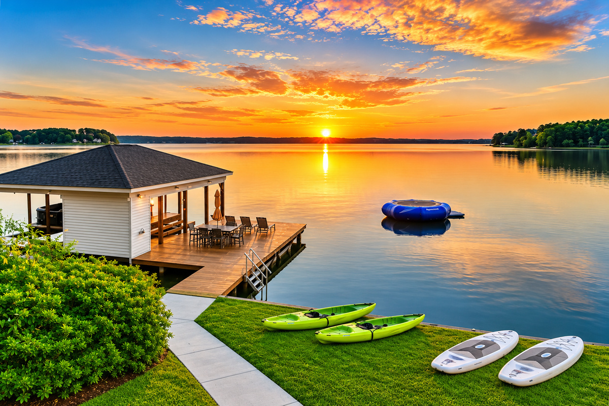 Endless Sunrise boathouse with kayaks and paddleboards