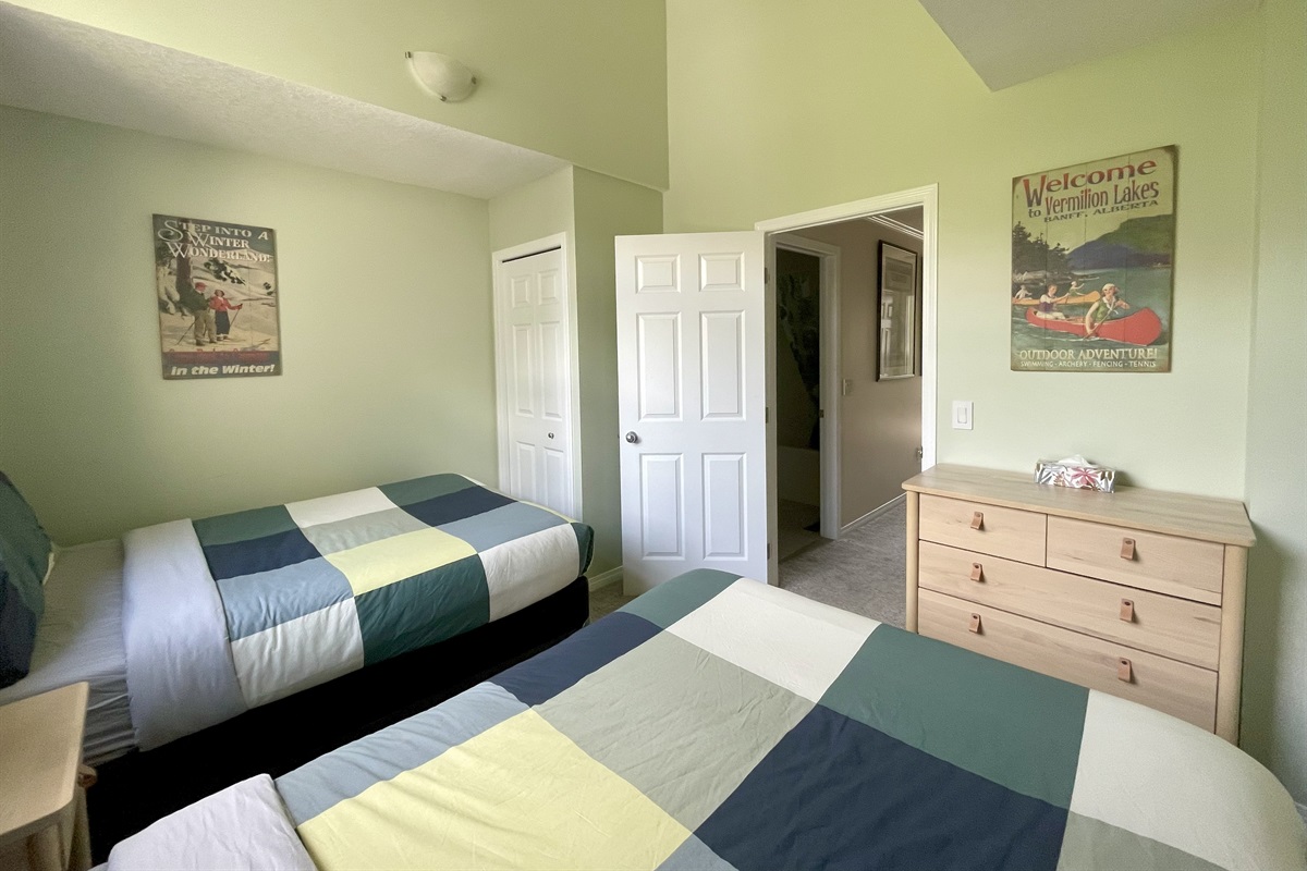 2nd bedroom.  Two double beds.  Adjacent bathroom in hallway.  Located on 2nd floor.