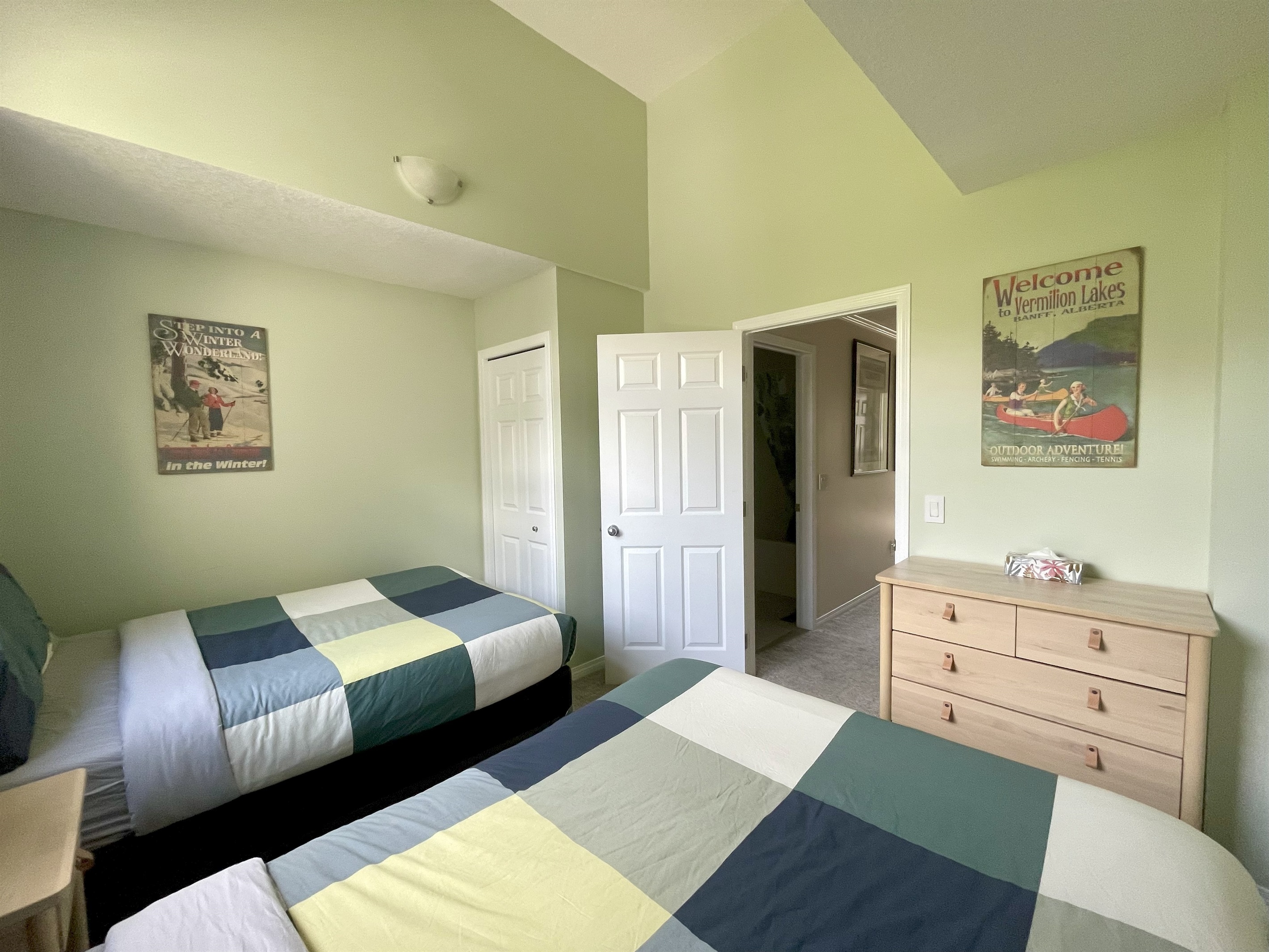 2nd bedroom.  Two double beds.  Adjacent bathroom in hallway.  Located on 2nd floor.