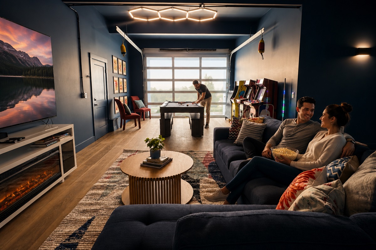 The full theater room — 100-inch screen, surround sound, and room for everyone.