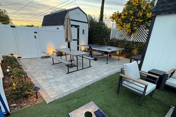 Backyard Seating and Fire Table. Outdoor Dining Table & Ping Pong Table