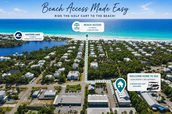 Beach days are easy here! Enjoy access to 3 nearby beaches, with the closest just 0.4 miles away. Take a short walk or hop on the included golf cart and be at the beautiful white-sand beaches in minutes!
